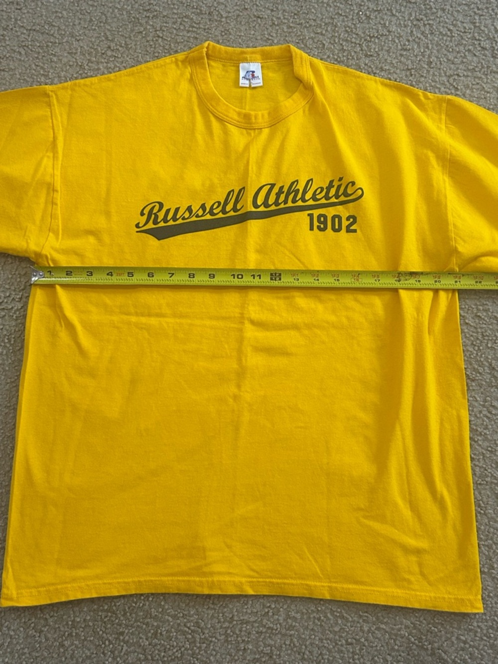 Vintage Yellow Russell Athletic Script Logo Shirt Mens Crewneck Short Sleeve Tee - Picture 8 of 9